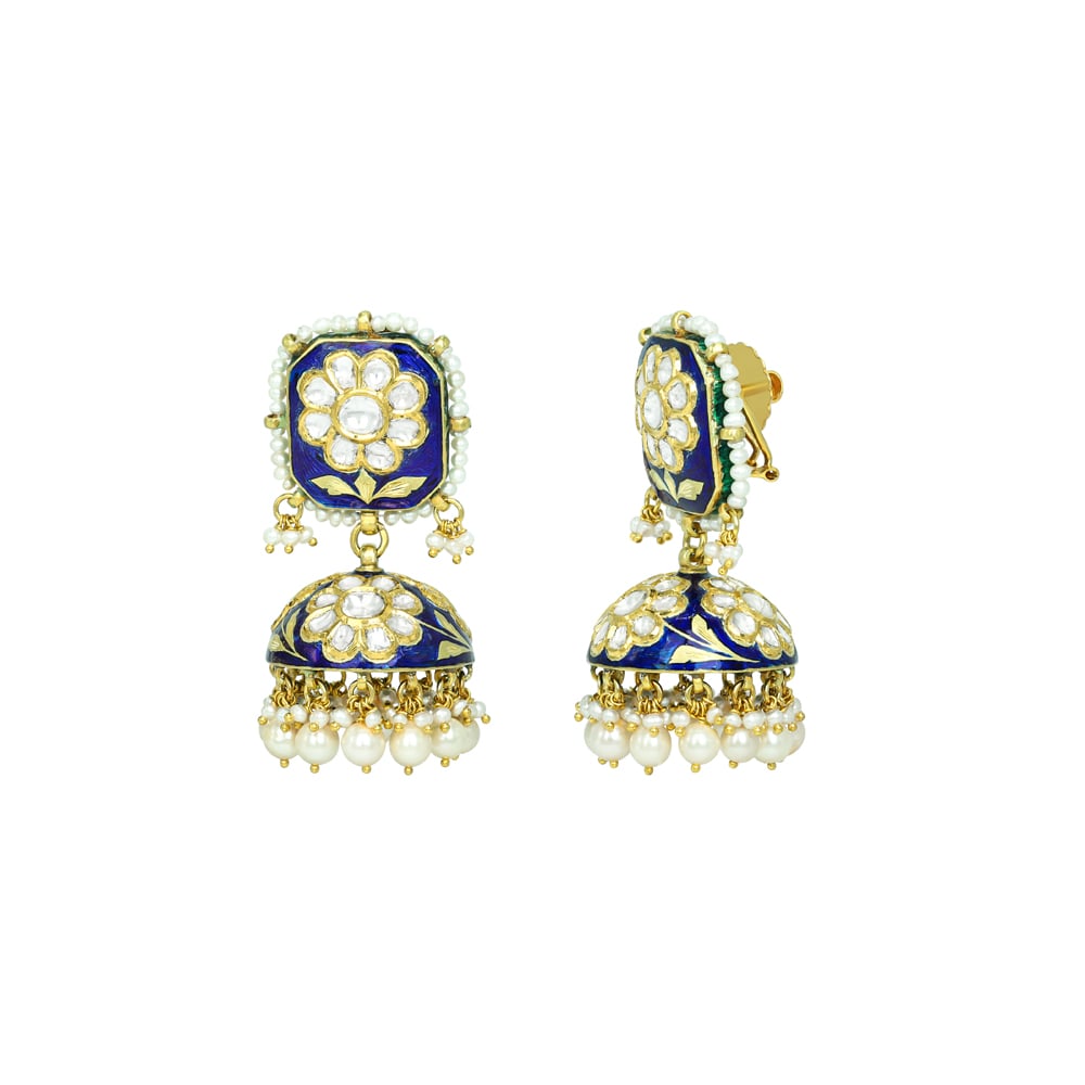 Blue Meena Polki Floral Jhumkas with Pearls